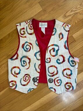 Vintage 90s Colorful Spiral Print Vest w/ Red Lining